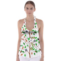 Tree Root Leaves Owls Green Brown Babydoll Tankini Top