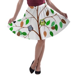 Tree Root Leaves Owls Green Brown A-line Skater Skirt