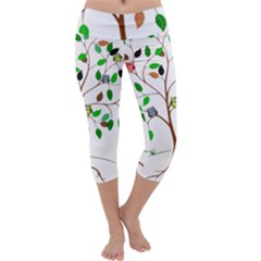 Tree Root Leaves Owls Green Brown Capri Yoga Leggings by Simbadda