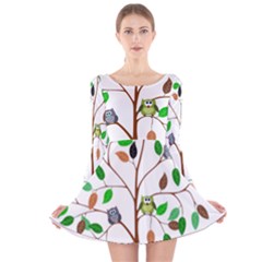 Tree Root Leaves Owls Green Brown Long Sleeve Velvet Skater Dress