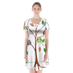 Tree Root Leaves Owls Green Brown Short Sleeve V-neck Flare Dress by Simbadda