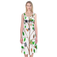 Tree Root Leaves Owls Green Brown Midi Sleeveless Dress