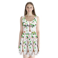 Tree Root Leaves Owls Green Brown Split Back Mini Dress  by Simbadda