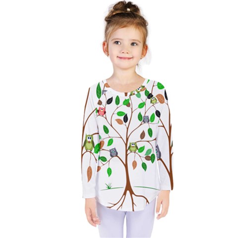 Tree Root Leaves Owls Green Brown Kids  Long Sleeve Tee by Simbadda