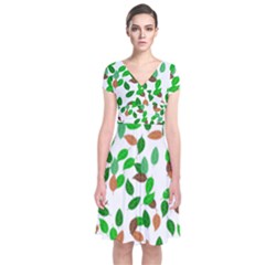 Leaves True Leaves Autumn Green Short Sleeve Front Wrap Dress by Simbadda