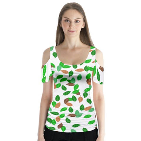 Leaves True Leaves Autumn Green Butterfly Sleeve Cutout Tee  by Simbadda