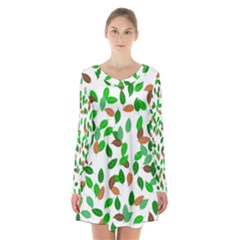 Leaves True Leaves Autumn Green Long Sleeve Velvet V-neck Dress by Simbadda