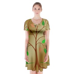 Tree Root Leaves Contour Outlines Short Sleeve V-neck Flare Dress