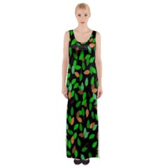 Leaves True Leaves Autumn Green Maxi Thigh Split Dress by Simbadda