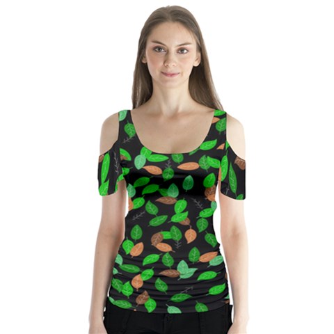 Leaves True Leaves Autumn Green Butterfly Sleeve Cutout Tee  by Simbadda