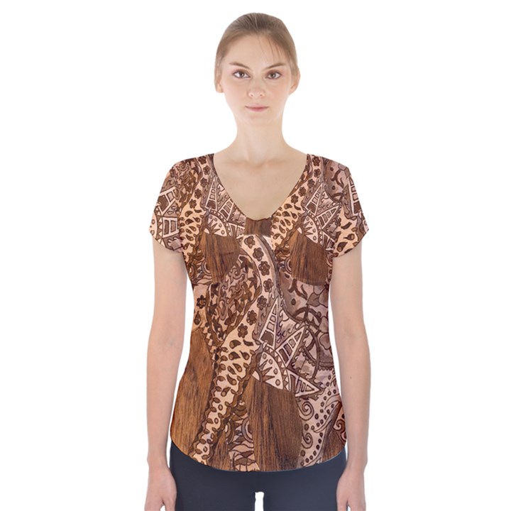 Elephant Aztec Wood Tekture Short Sleeve Front Detail Top