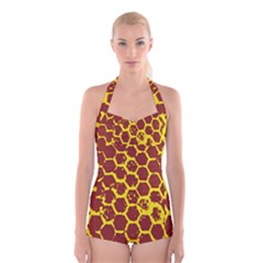 Network Grid Pattern Background Structure Yellow Boyleg Halter Swimsuit  by Simbadda