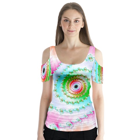 Decorative Fractal Spiral Butterfly Sleeve Cutout Tee  by Simbadda