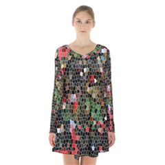 Colorful Abstract Background Long Sleeve Velvet V-neck Dress by Simbadda