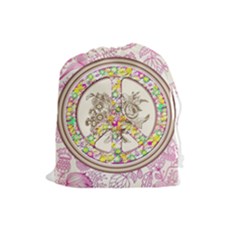 Peace Logo Floral Pattern Drawstring Pouches (large)  by Simbadda