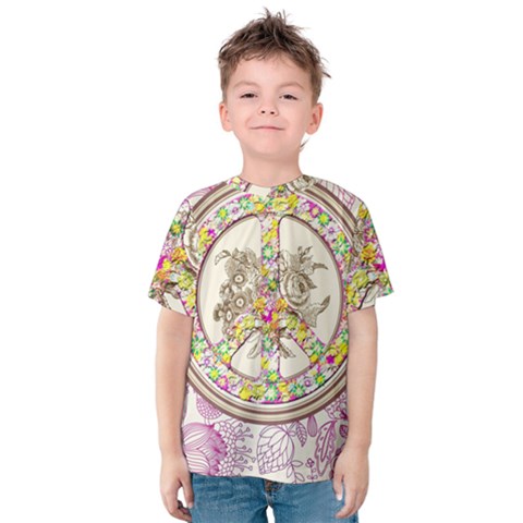 Peace Logo Floral Pattern Kids  Cotton Tee by Simbadda