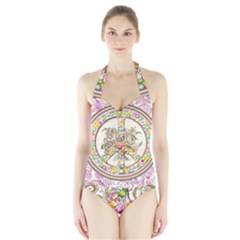 Peace Logo Floral Pattern Halter Swimsuit by Simbadda