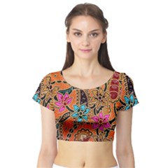 Colorful The Beautiful Of Art Indonesian Batik Pattern Short Sleeve Crop Top (tight Fit) by Simbadda