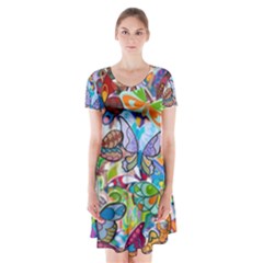 Color Butterfly Texture Short Sleeve V-neck Flare Dress by Simbadda