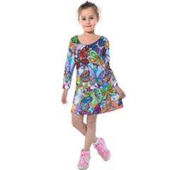 Color Butterfly Texture Kids  Long Sleeve Velvet Dress by Simbadda