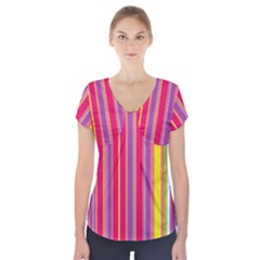 Stripes Colorful Background Short Sleeve Front Detail Top by Simbadda