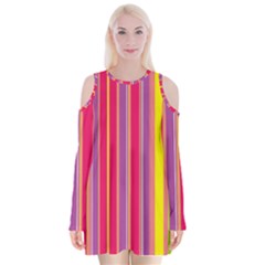 Stripes Colorful Background Velvet Long Sleeve Shoulder Cutout Dress by Simbadda