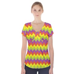 Colorful Zigzag Stripes Background Short Sleeve Front Detail Top by Simbadda