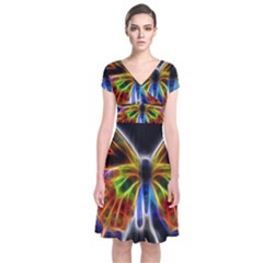 Fractal Butterfly Short Sleeve Front Wrap Dress by Simbadda