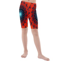 Red Fractal Spiral Kids  Mid Length Swim Shorts by Simbadda