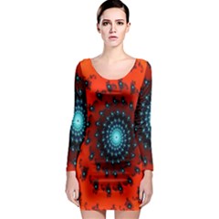 Red Fractal Spiral Long Sleeve Bodycon Dress by Simbadda