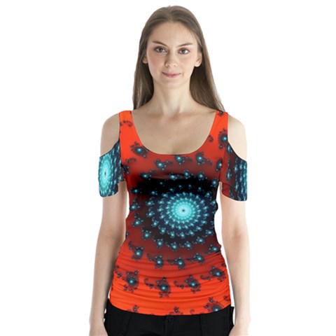 Red Fractal Spiral Butterfly Sleeve Cutout Tee  by Simbadda