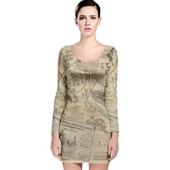 Vintage Newspaper  Long Sleeve Velvet Bodycon Dress by Valentinaart