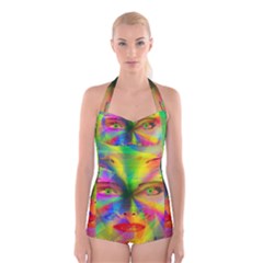 Rainbow Girl Boyleg Halter Swimsuit  by Valentinaart