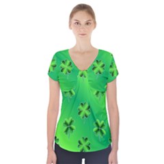 Shamrock Green Pattern Design Short Sleeve Front Detail Top by Simbadda