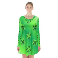 Shamrock Green Pattern Design Long Sleeve Velvet V-neck Dress by Simbadda