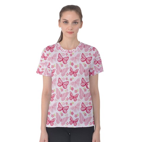 Cute Pink Flowers And Butterflies Pattern  Women s Cotton Tee by TastefulDesigns