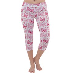 Cute Pink Flowers And Butterflies Pattern  Capri Yoga Leggings by TastefulDesigns