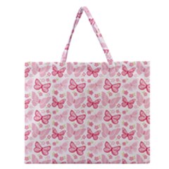 Cute Pink Flowers And Butterflies Pattern  Zipper Large Tote Bag by TastefulDesigns