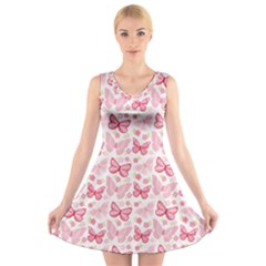 Cute Pink Flowers And Butterflies Pattern  V-neck Sleeveless Skater Dress by TastefulDesigns