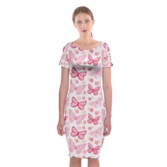 Cute Pink Flowers And Butterflies Pattern  Classic Short Sleeve Midi Dress by TastefulDesigns