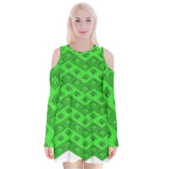 Shamrocks 3d Fabric 4 Leaf Clover Velvet Long Sleeve Shoulder Cutout Dress by Simbadda