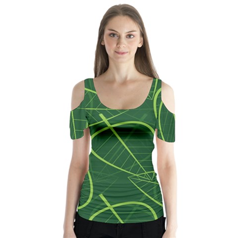 Vector Seamless Green Leaf Pattern Butterfly Sleeve Cutout Tee  by Simbadda