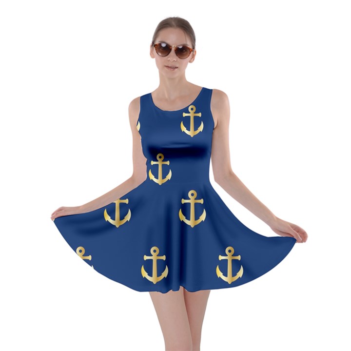 Gold Anchors On Blue Background Pattern Skater Dress