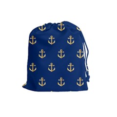 Gold Anchors On Blue Background Pattern Drawstring Pouches (large)  by Simbadda