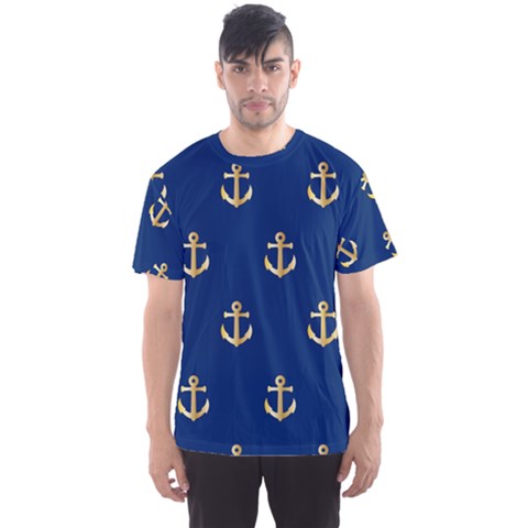 Gold Anchors On Blue Background Pattern Men s Sport Mesh Tee by Simbadda