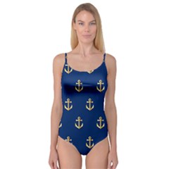 Gold Anchors On Blue Background Pattern Camisole Leotard  by Simbadda