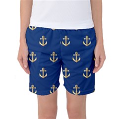 Gold Anchors On Blue Background Pattern Women s Basketball Shorts by Simbadda