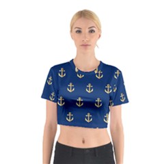 Gold Anchors On Blue Background Pattern Cotton Crop Top by Simbadda