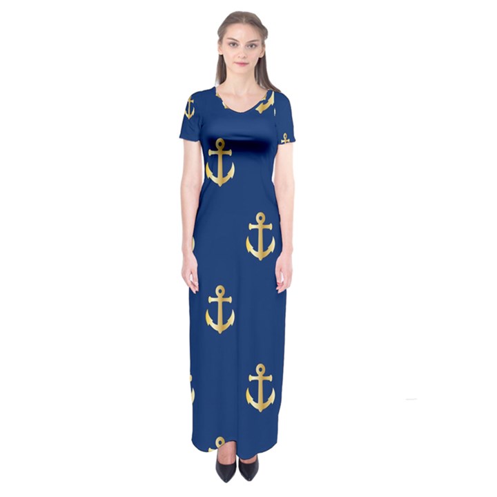 Gold Anchors On Blue Background Pattern Short Sleeve Maxi Dress