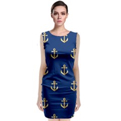 Gold Anchors On Blue Background Pattern Sleeveless Velvet Midi Dress by Simbadda